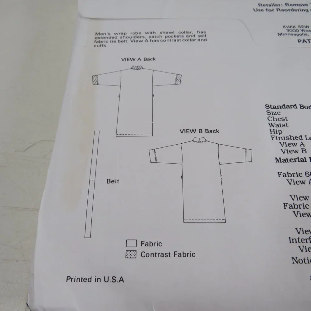 Kwik Sew 2023 Clothing Pattern Men's Robe S-XL UNCUT Easy